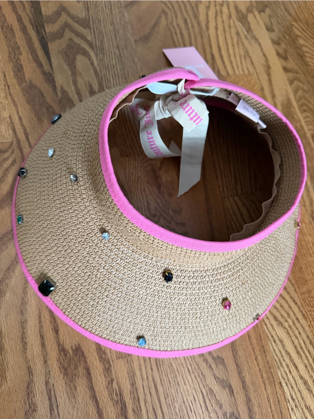 Juicy Couture Straw Visor Straw Sun Hat with Pink Trim and Gems